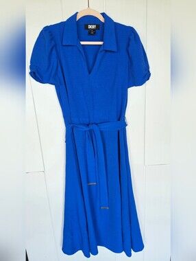DKNY Cobalt Blue Midi Shirt Dress Puff Sleeve Tie Waist Size 8